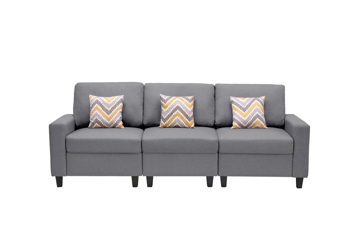 Lilola Home Nolan Gray Linen Fabric Sofa with Pillows and Interchangeable Legs