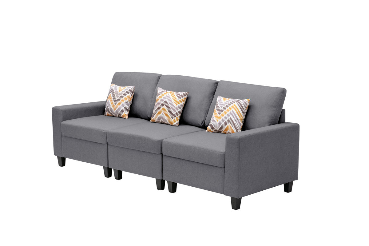 Lilola Home Nolan Gray Linen Fabric Sofa with Pillows and Interchangeable Legs