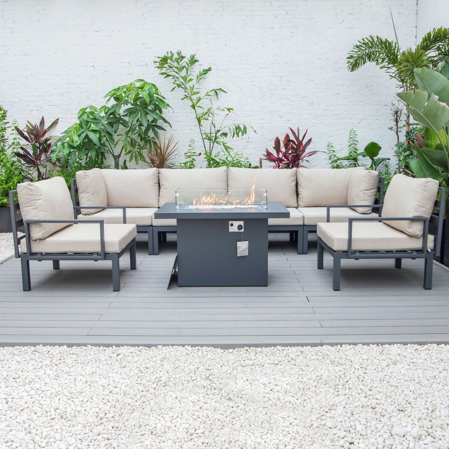 LeisureMod Hamilton 7-Piece Conversation Set With Fire Pit Table - Beige