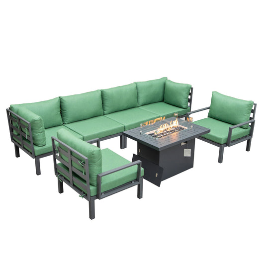 LeisureMod Hamilton 7-Piece Conversation Set With Fire Pit Table - Green