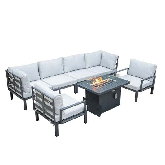 LeisureMod Hamilton 7-Piece Conversation Set With Fire Pit Table - Grey