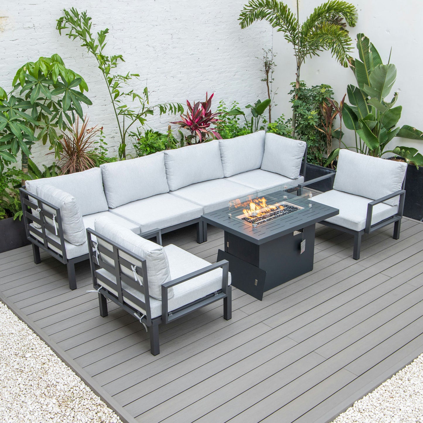 LeisureMod Hamilton 7-Piece Conversation Set With Fire Pit Table - Grey