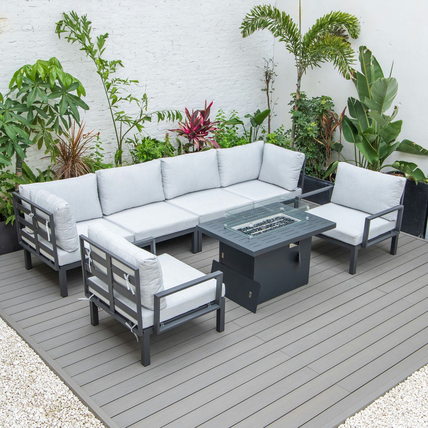 LeisureMod Hamilton 7-Piece Conversation Set With Fire Pit Table - Grey