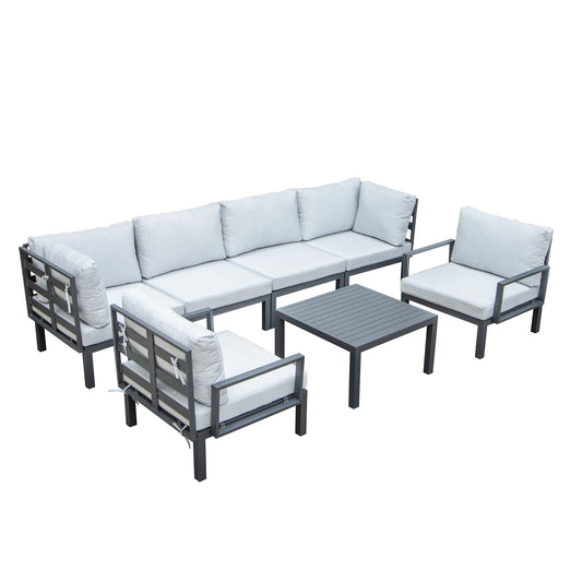 LeisureMod Hamilton 7-Piece Conversation Set With Coffee Table & Cushions - Grey