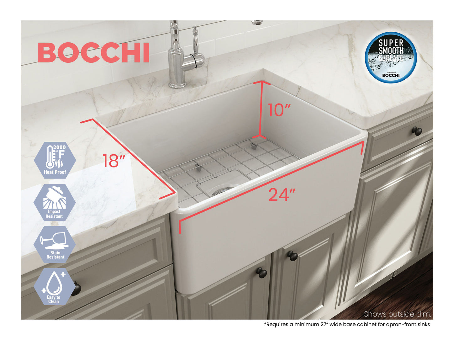 Classico Farmhouse Apron Front Fireclay 24" Single Bowl Kitchen Sink in White
