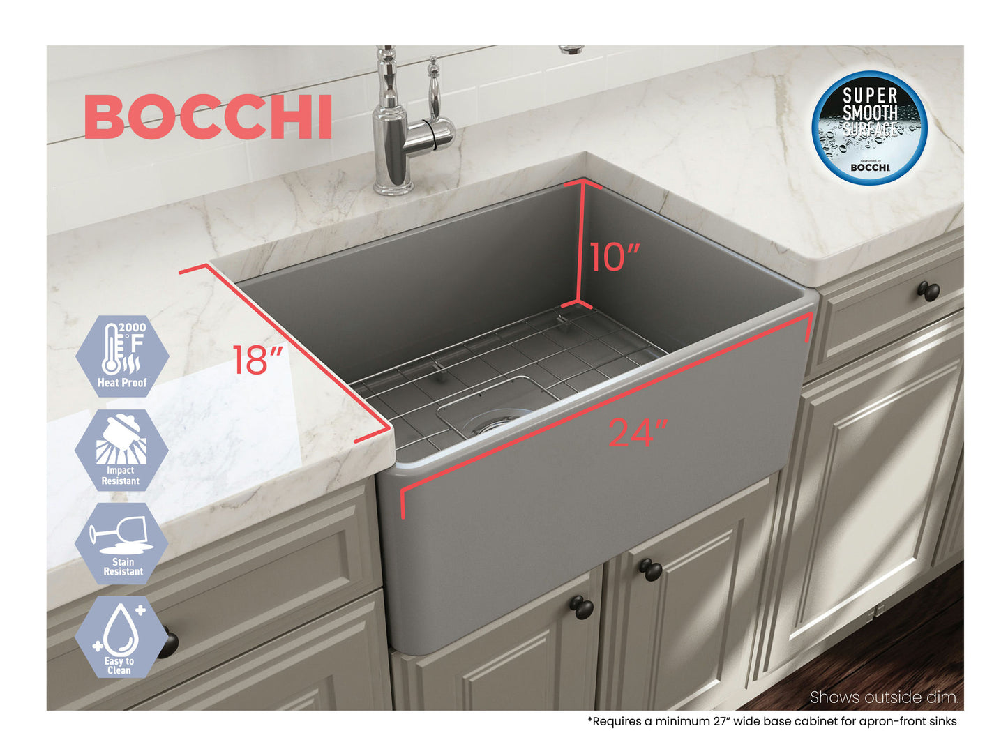 Classico Farmhouse Apron Front Fireclay 24" Single Bowl Kitchen Sink, Matte Gray