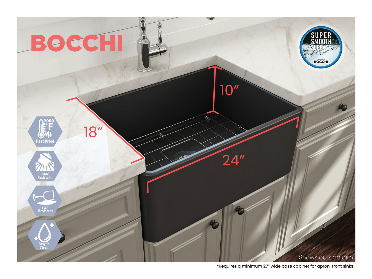 Classico Farmhouse Apron Front Fireclay 24" Single Bowl Kitchen Sink, Dark Gray