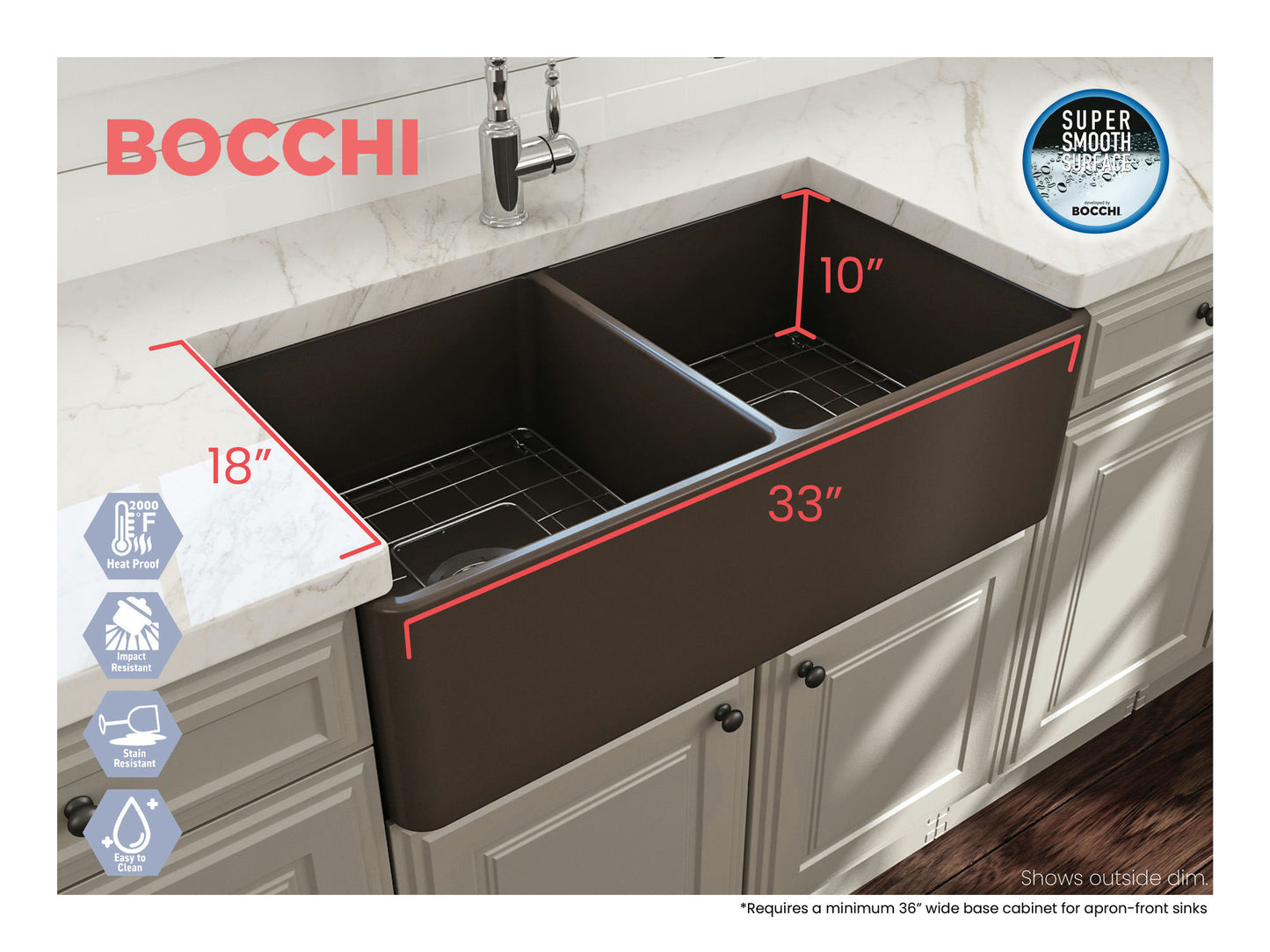 Classico Farmhouse Apron Front Fireclay 33" Double Bowl Kitchen Sink in Brown