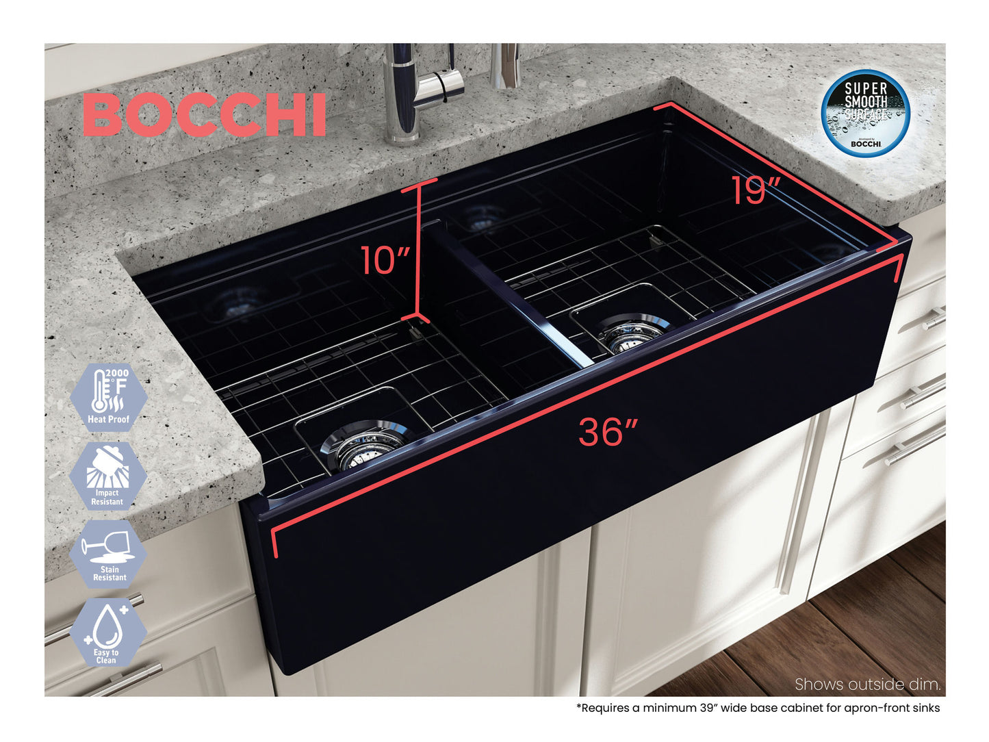 Contempo Step-Rim Apron Front Fireclay 36" Double Bowl Kitchen Sink in Blue