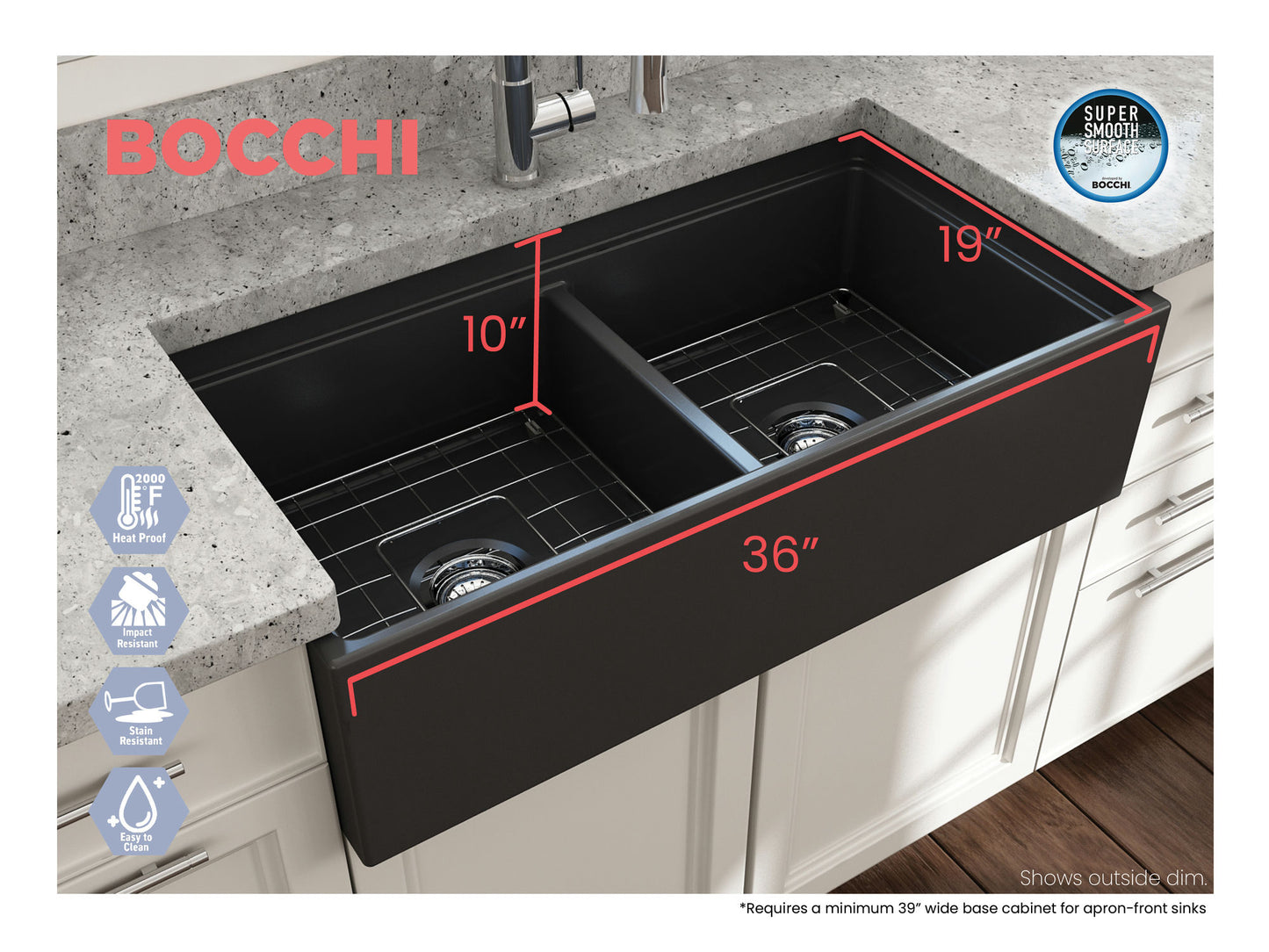 Contempo Step-Rim Apron Front Fireclay 36" Double Bowl Kitchen Sink in Dark Gray