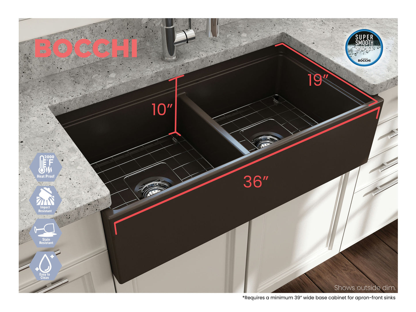Contempo Step-Rim Apron Front Fireclay 36" Double Bowl Kitchen Sink, Matte Brown
