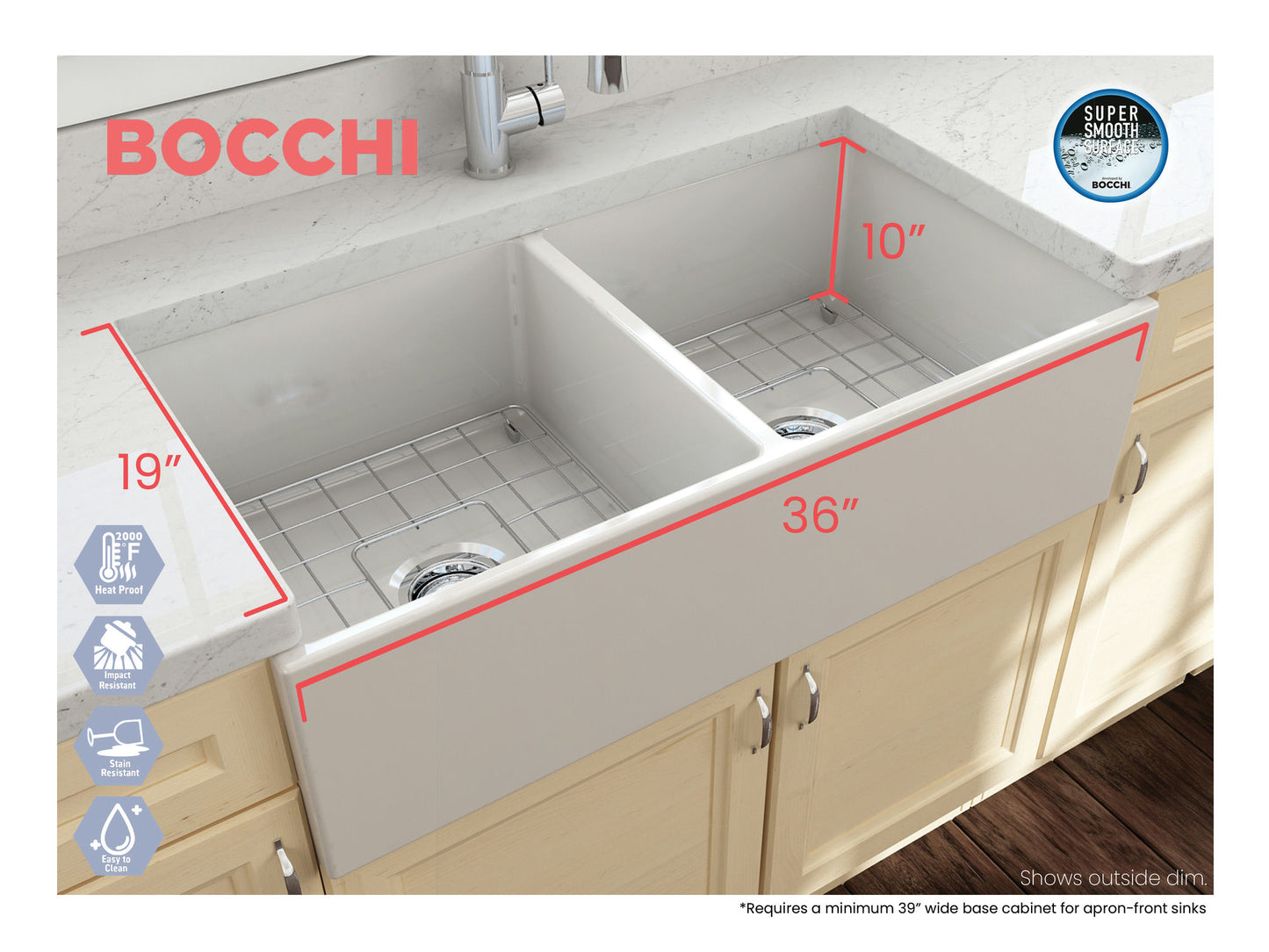 Contempo Apron Front Fireclay 36" Double Bowl Kitchen Sink in Biscuit