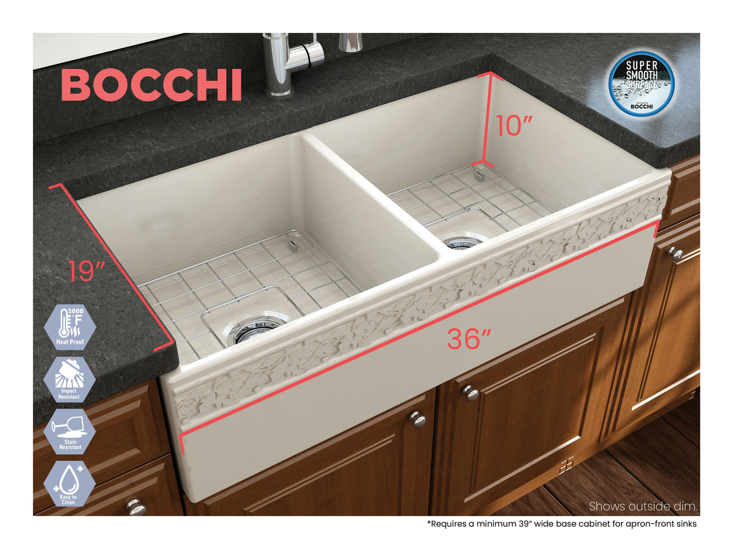 Vigneto Apron Front Fireclay 36" Double Bowl Kitchen Sink in Biscuit