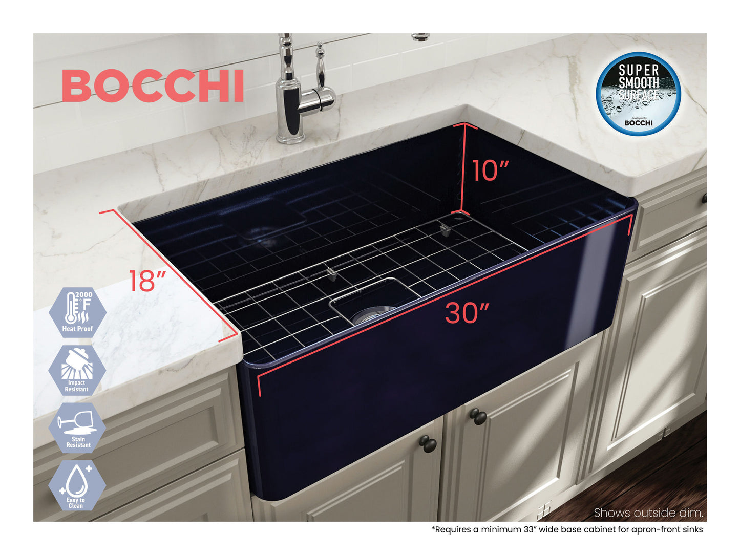 Aderci Ultra-Slim Farmhouse Apron Front Fireclay 30" Kitchen Sink in Blue