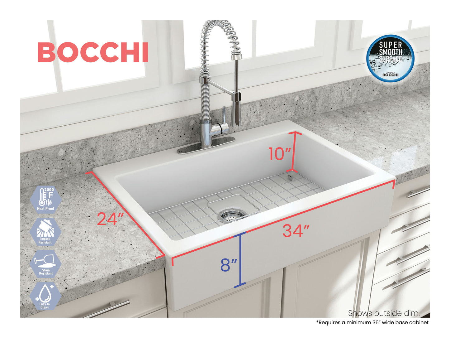 Nuova Apron Front Drop-In Fireclay 34" Single Bowl Kitchen Sink in Matte White