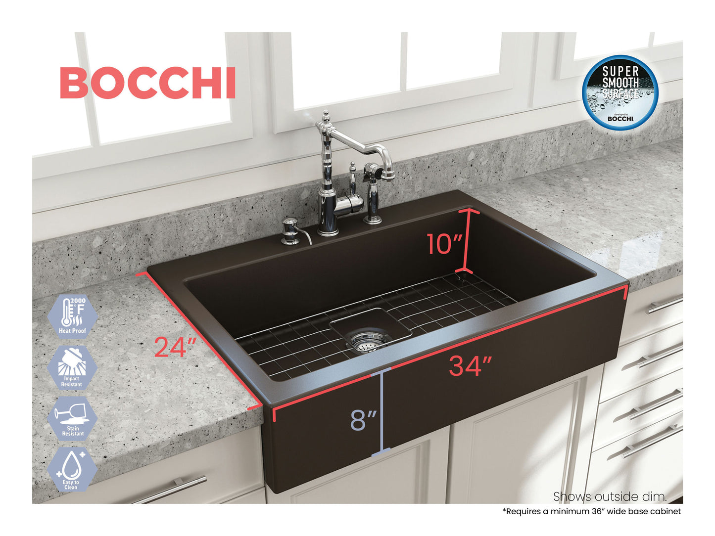 Nuova Apron Front Drop-In Fireclay 34" Single Bowl Kitchen Sink in Matte Brown