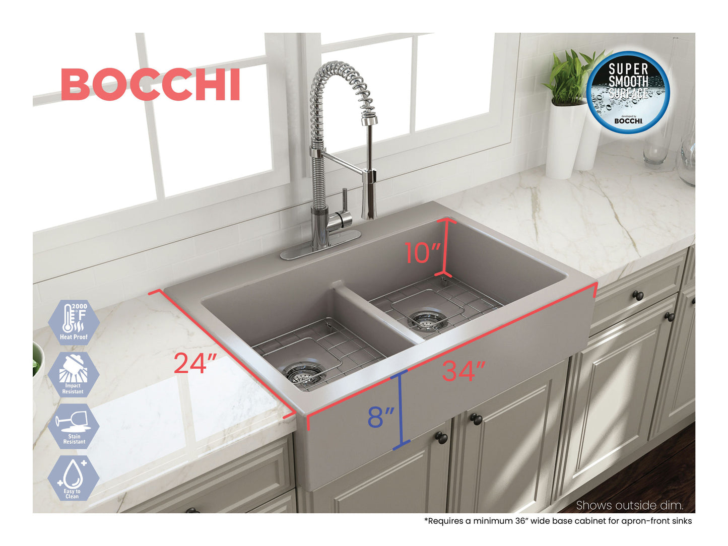 Nuova Apron Front Drop-In Fireclay 34" 50/50 Double Bowl Kitchen Sink Matte Gray