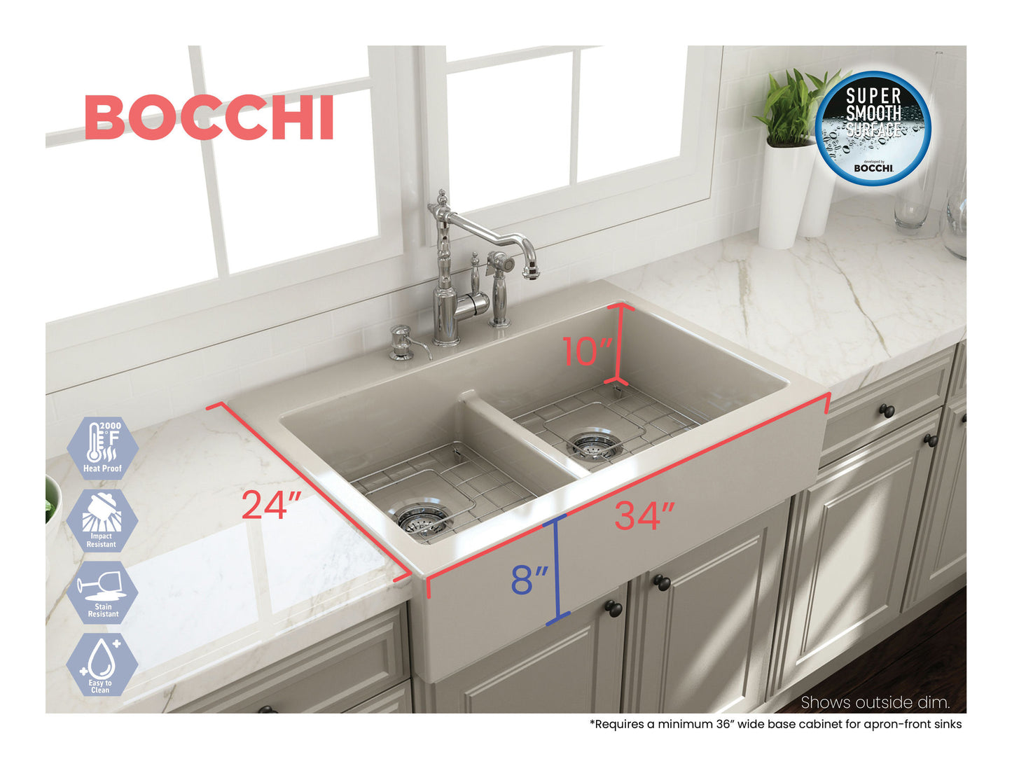Nuova Apron Front Drop-In Fireclay 34" 50/50 Double Bowl Kitchen Sink in Biscuit