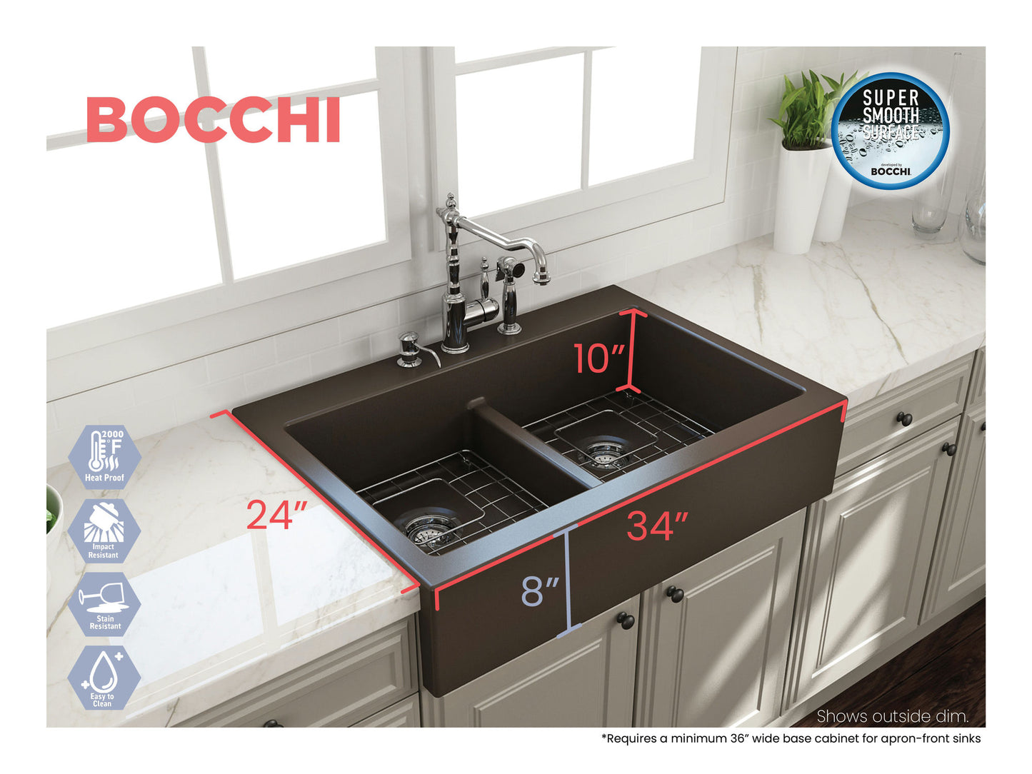 Nuova Apron Front Drop-In Fireclay 34" 50/50 Double Bowl Kitchen Sink in Brown