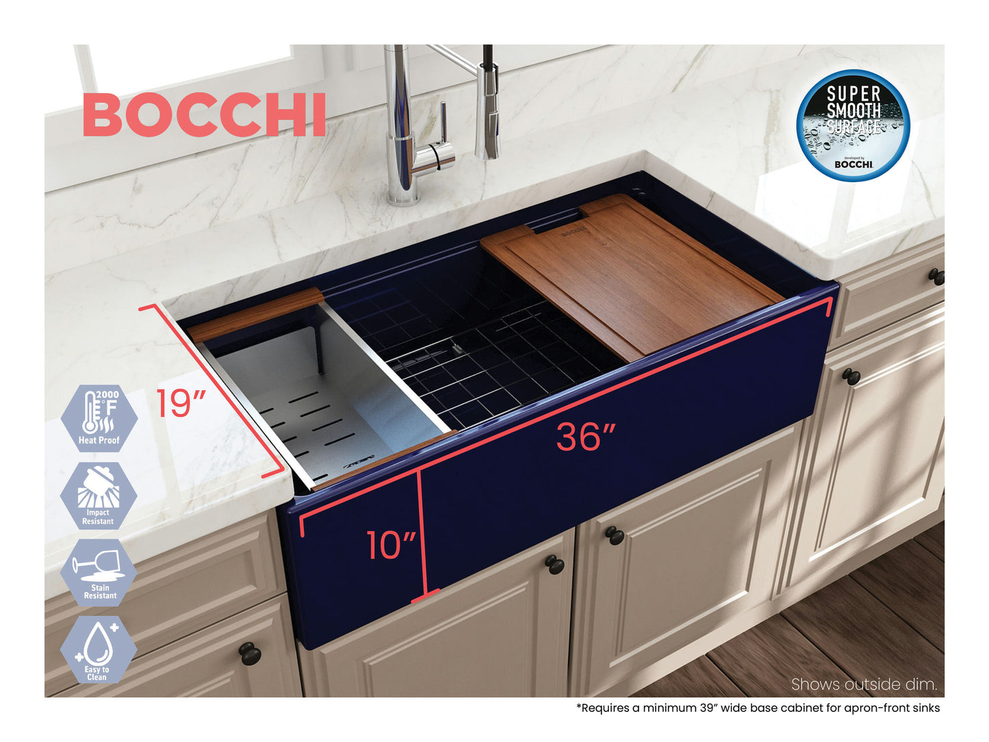 Contempo Step-Rim Apron Front Fireclay 36" Single Bowl Kitchen Sink in Blue