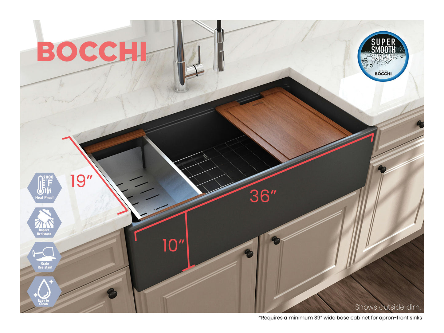 Contempo Step-Rim Apron Front Fireclay 36" Single Bowl Kitchen Sink Dark Gray