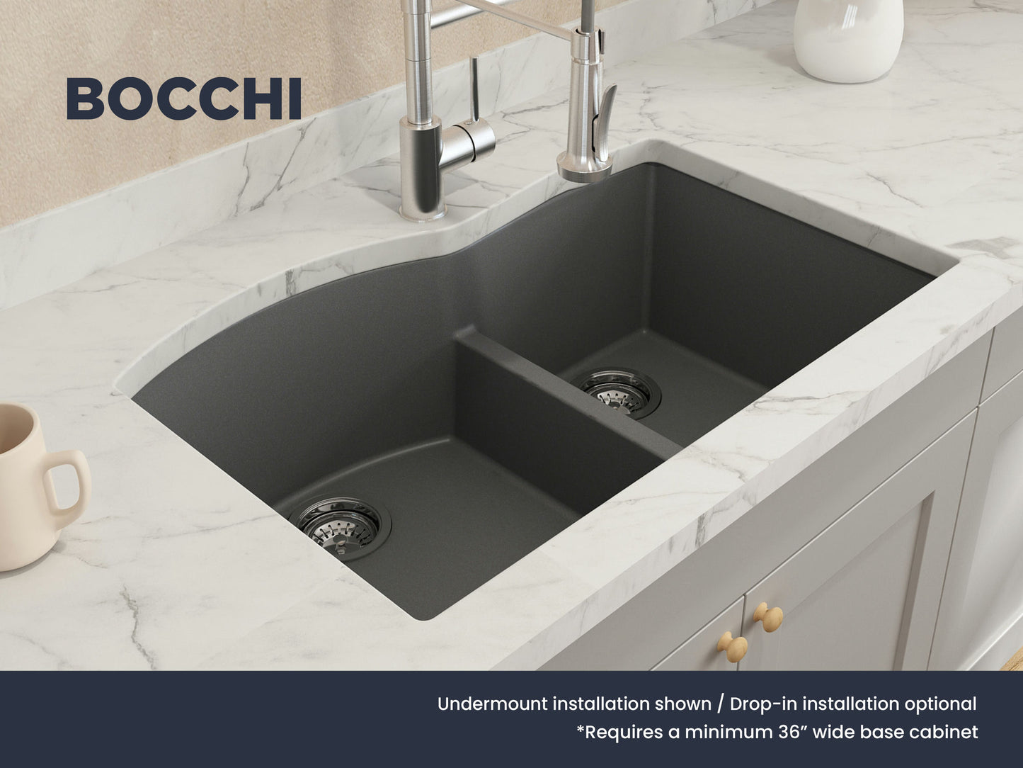 Campino Duo Dual Mount Granite 33" 60/40 Double Bowl Kitchen Sink Concrete Gray
