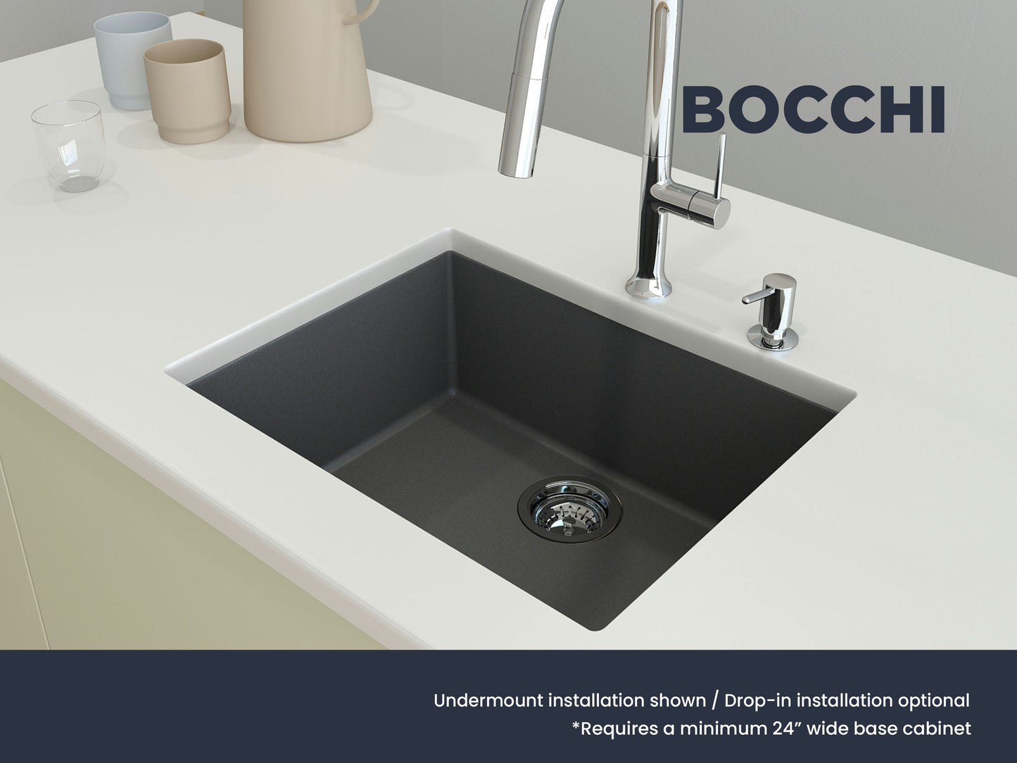 Campino Uno Dual Mount Granite 24" Single Bowl Kitchen Sink in Concrete Gray