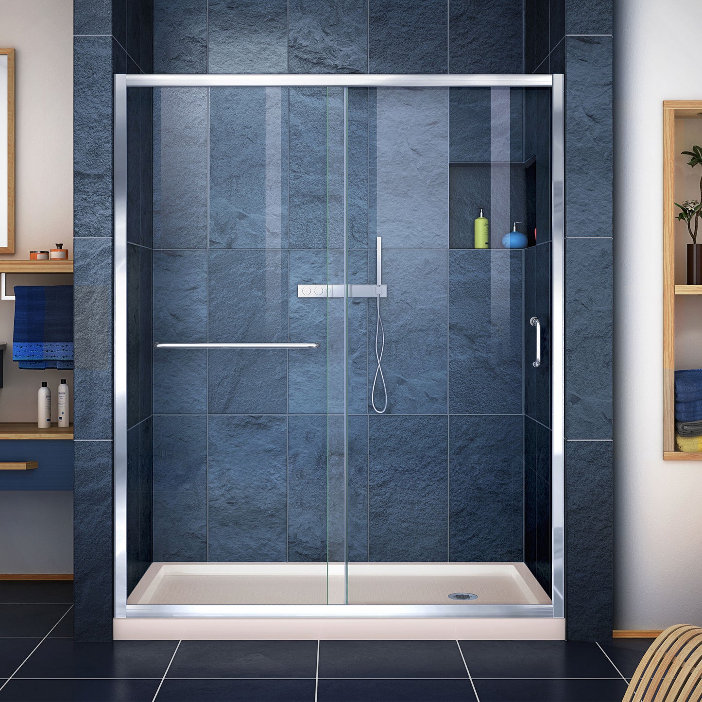 Infinity-Z 36 in. D x 60 in. W x 74 3/4 in. H Clear Sliding Shower Door in Chrome and Right Drain Biscuit Base