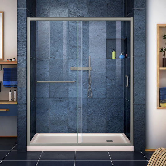 Infinity-Z 36 in. D x 60 in. W x 74 3/4 in. H Clear Sliding Shower Door in Brushed Nickel and Center Drain Biscuit Base