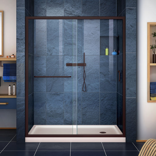 Infinity-Z 36 in. D x 60 in. W x 74 3/4 in. H Clear Sliding Shower Door in Oil Rubbed Bronze, Right Drain Biscuit Base
