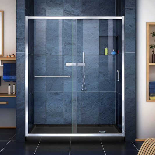 Infinity-Z 36 in. D x 60 in. W x 74 3/4 in. H Clear Sliding Shower Door in Chrome and Right Drain Black Base