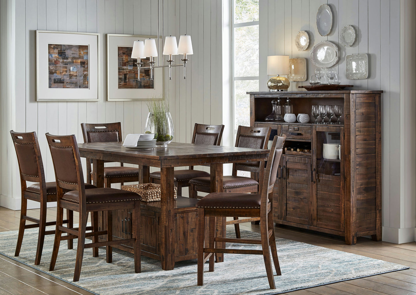 Cannon Valley Rustic Industrial Brown 72" Table + 6 Upholstered Counter Stools
