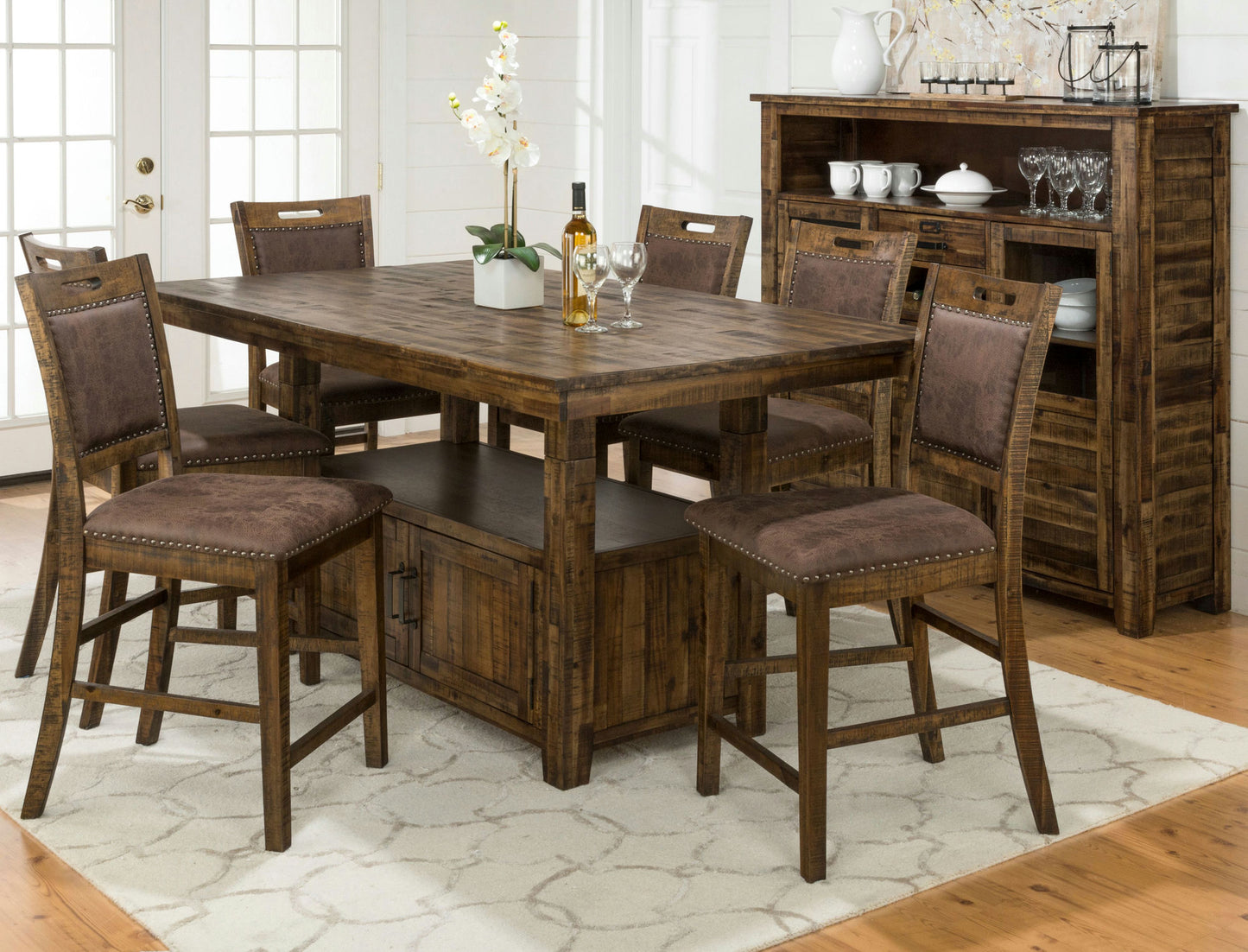 Cannon Valley Rustic Industrial Brown 72" Table + 6 Upholstered Dining Chairs