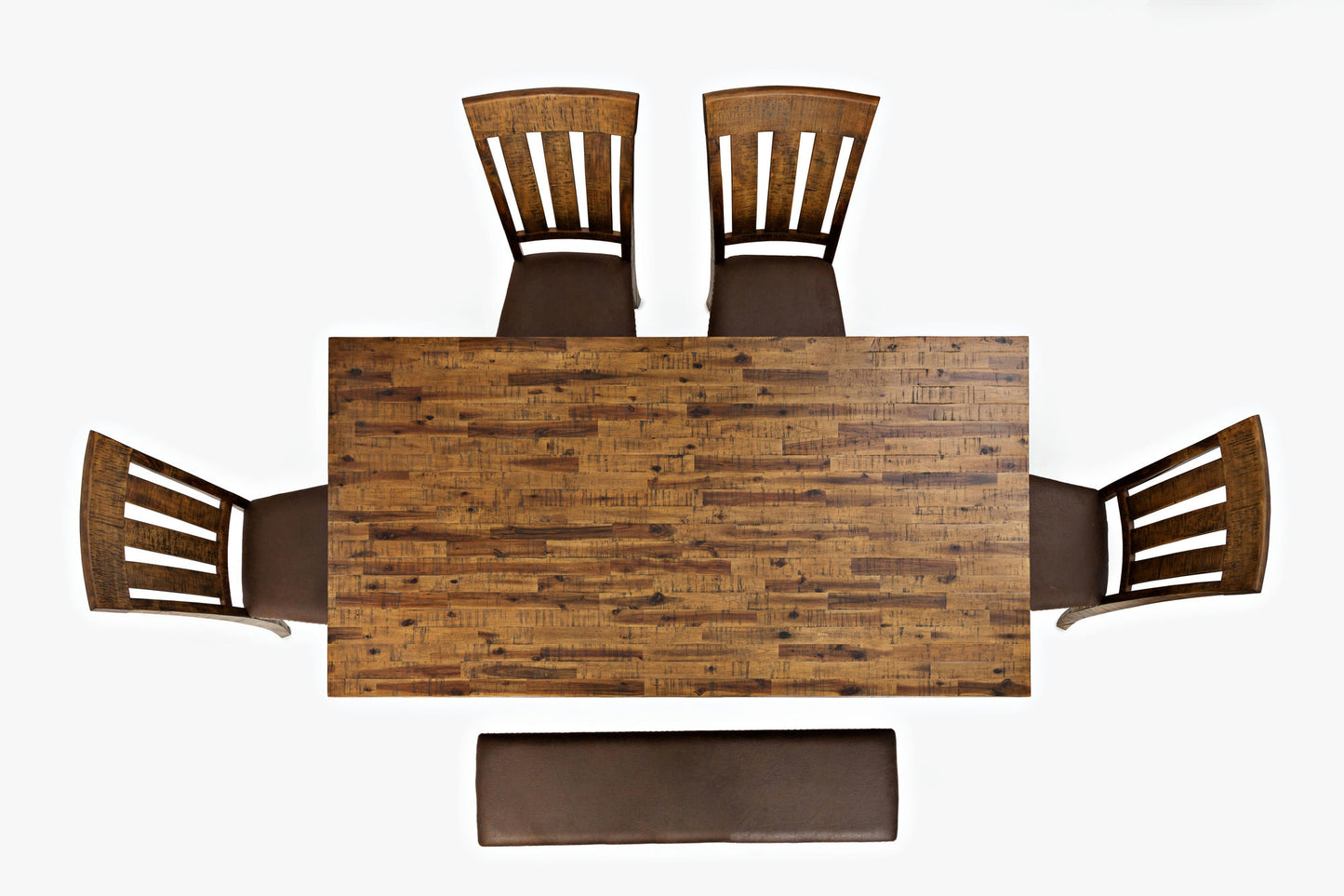 Cannon Valley Rustic Industrial Brown 82" Table + 4 Slat Dining Chairs + Bench