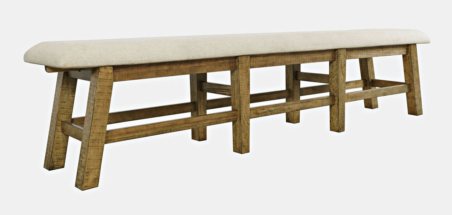 Telluride Rustic Distressed Pine 85" Upholstered Dining Bench - Gold