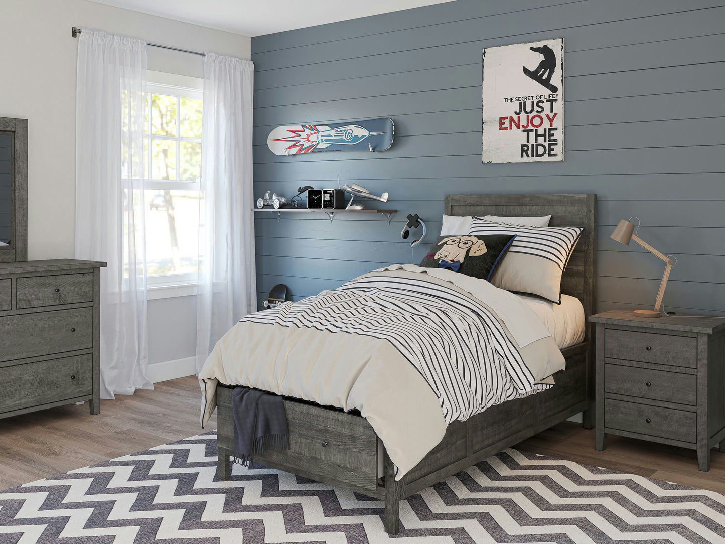 Maxton Coastal Distressed Acacia Twin Size Bed with Storage Drawers - Stone