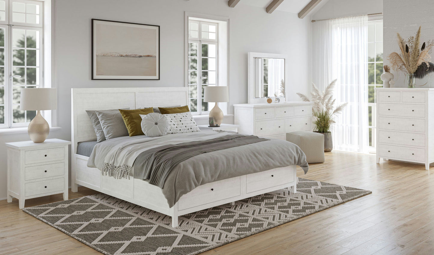 Maxton Coastal Distressed Acacia King Size Bed with Storage Drawers - Ivory