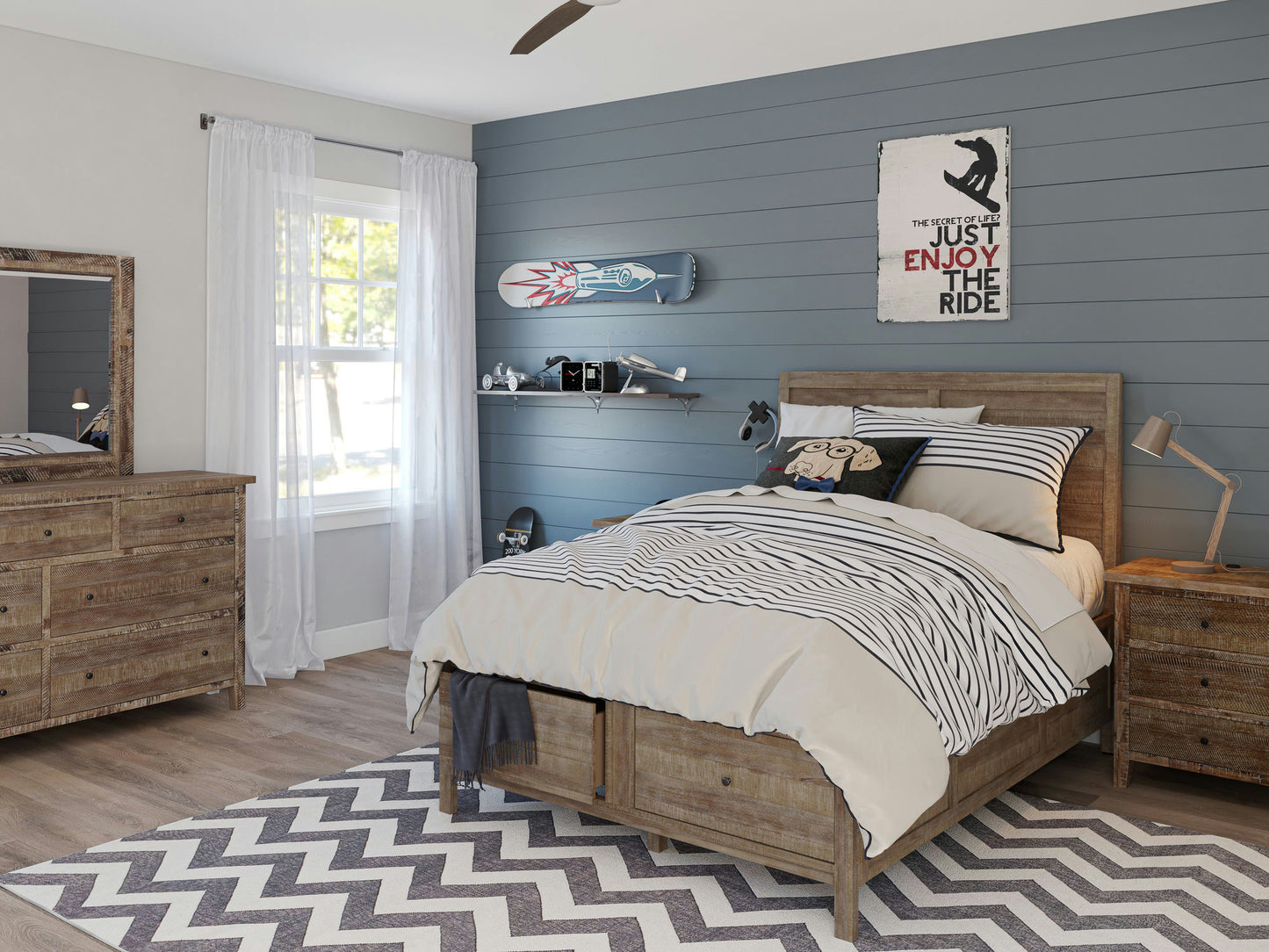 Maxton Coastal Distressed Acacia Full Size Bed with Storage Drawers - Wash Brown