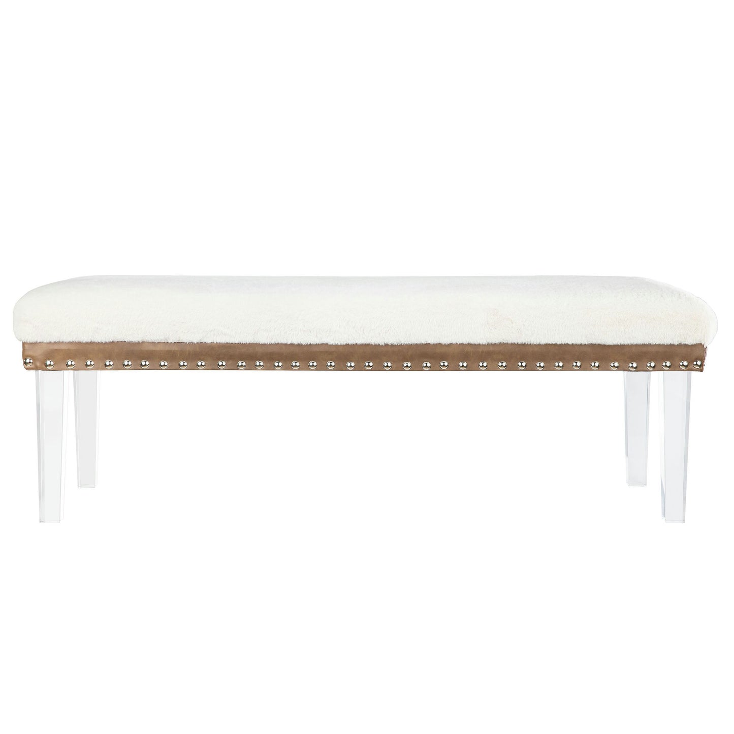 Brianna Modern Luxury Faux Fur Upholstered Bench with Clear Legs - Snow