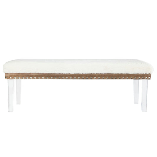 Brianna Modern Luxury Faux Fur Upholstered Bench with Clear Legs - Snow