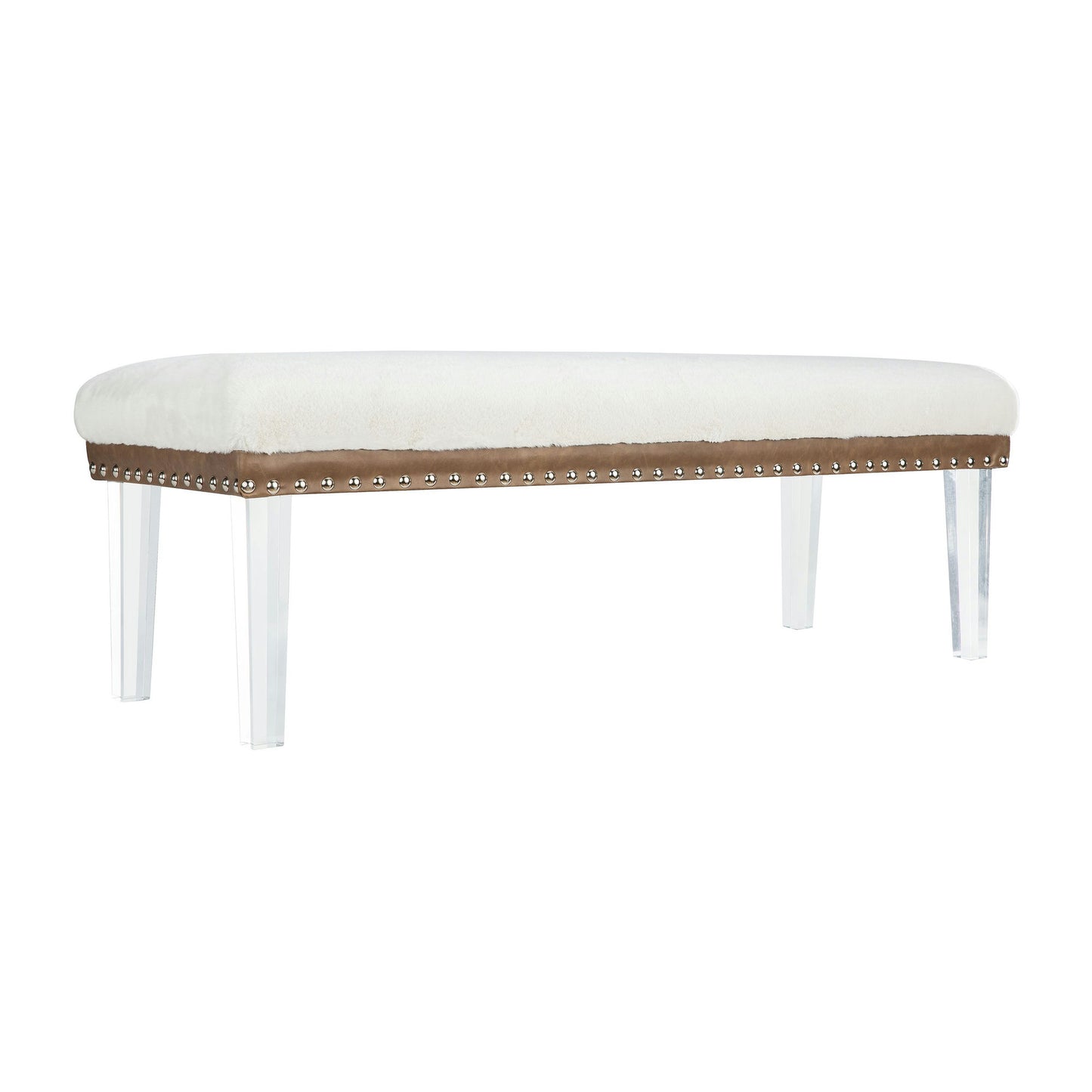 Brianna Modern Luxury Faux Fur Upholstered Bench with Clear Legs - Snow