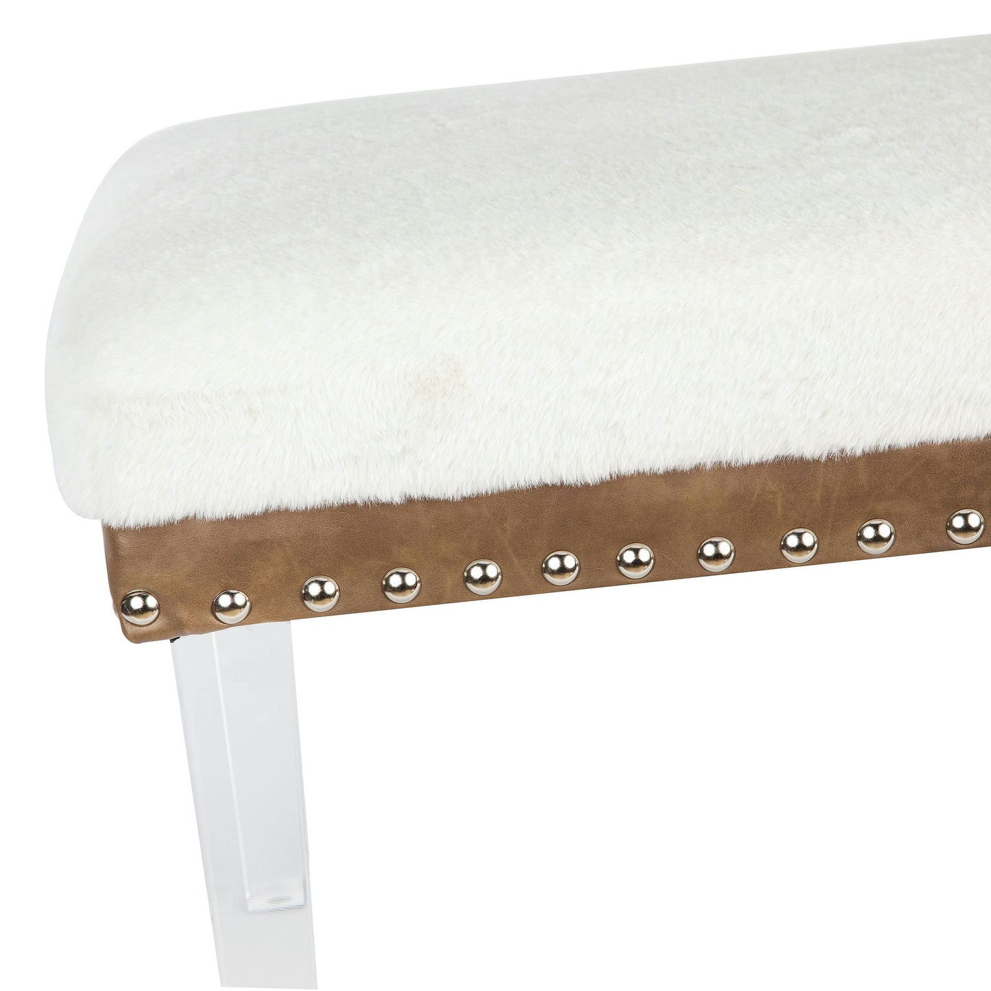 Brianna Modern Luxury Faux Fur Upholstered Bench with Clear Legs - Snow