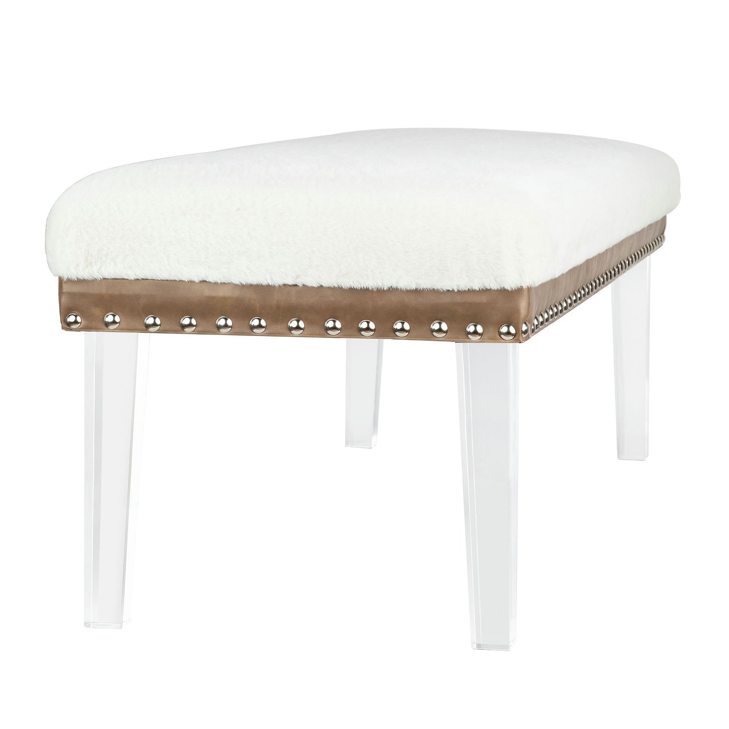 Brianna Modern Luxury Faux Fur Upholstered Bench with Clear Legs - Snow