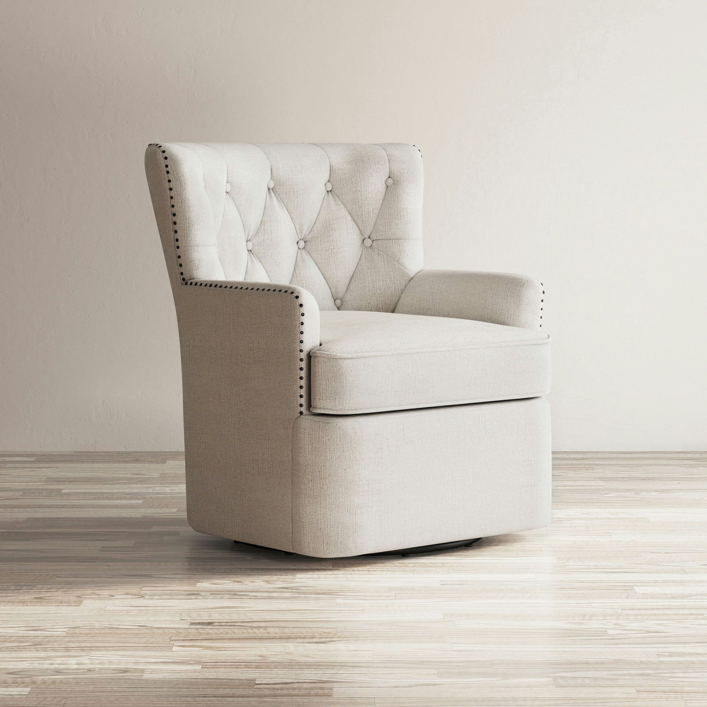 Bryson Transitional Upholstered Swivel Chair with Nailhead Trim - Oat