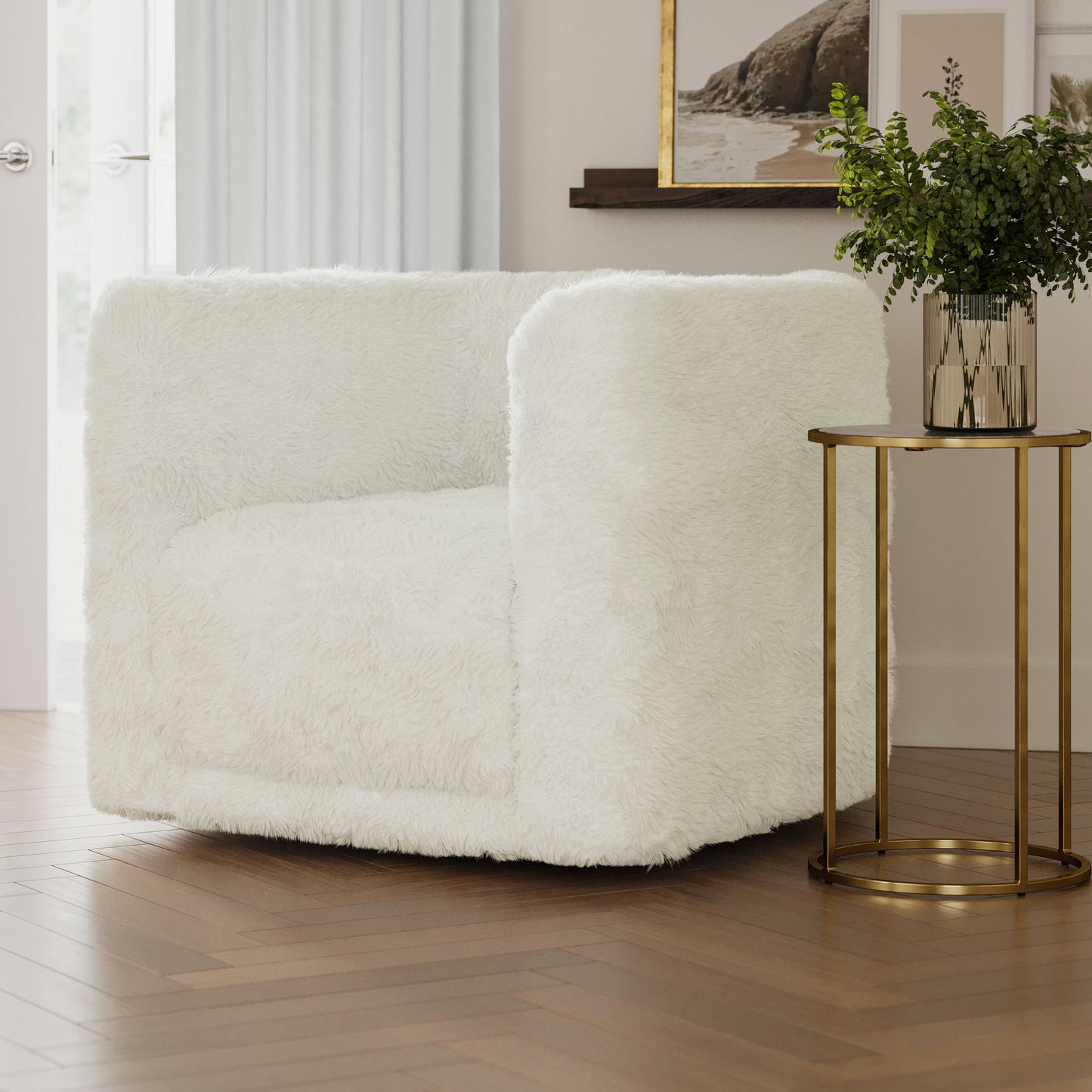 Huggy Luxury Plush Faux Fur Upholstered Swivel Accent Chair - Natural