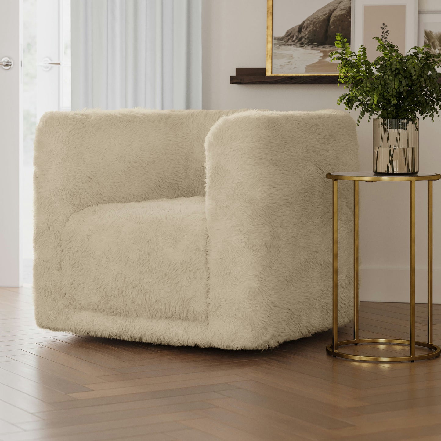 Huggy Luxury Plush Faux Fur Upholstered Swivel Accent Chair - Sand