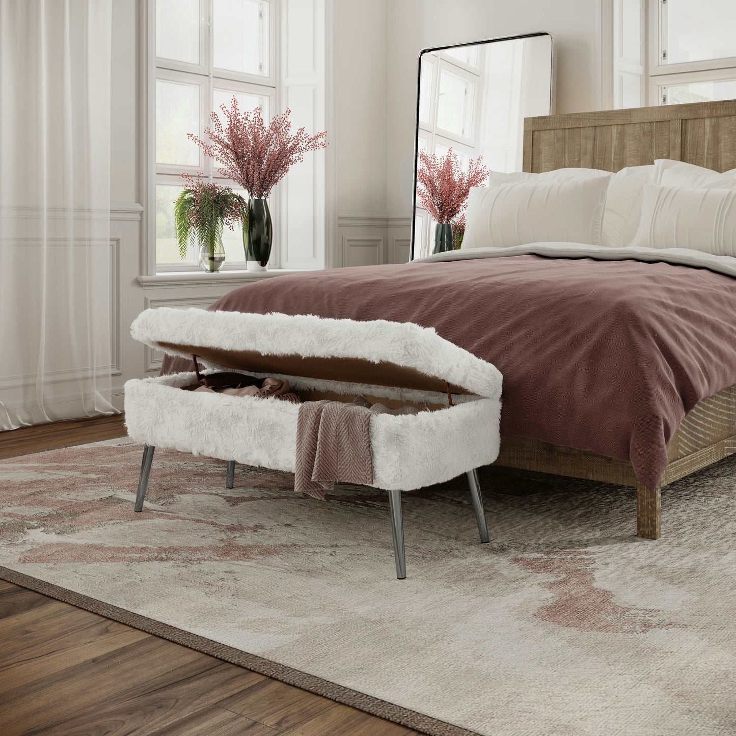 Huggy Luxury Plush Faux Fur Upholstered Storage Bench - Natural