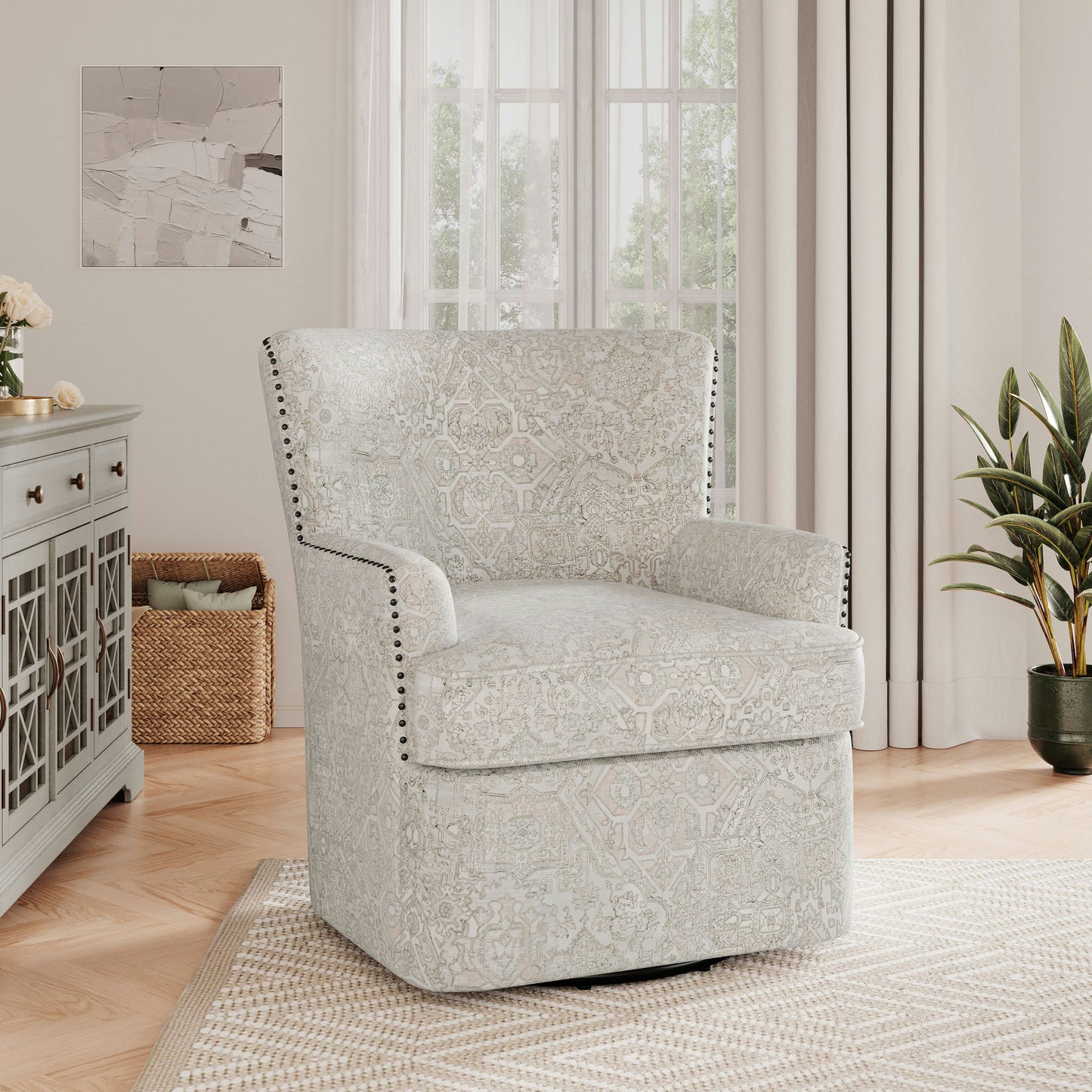 Peyton Distressed Motif Swivel Accent Chair with Nailhead Trim