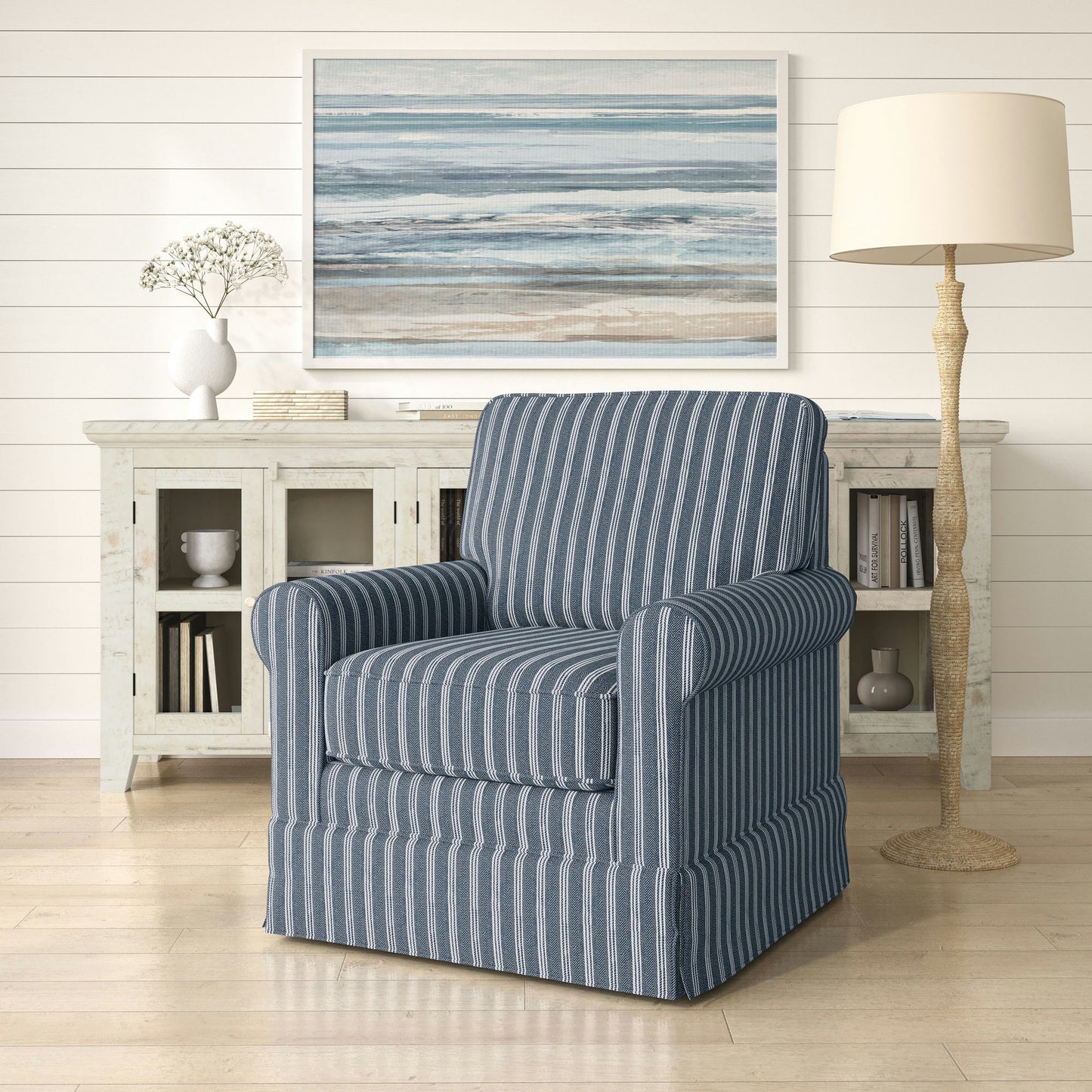 Riley Traditional Striped Upholstered Skirted Swivel Accent Chair