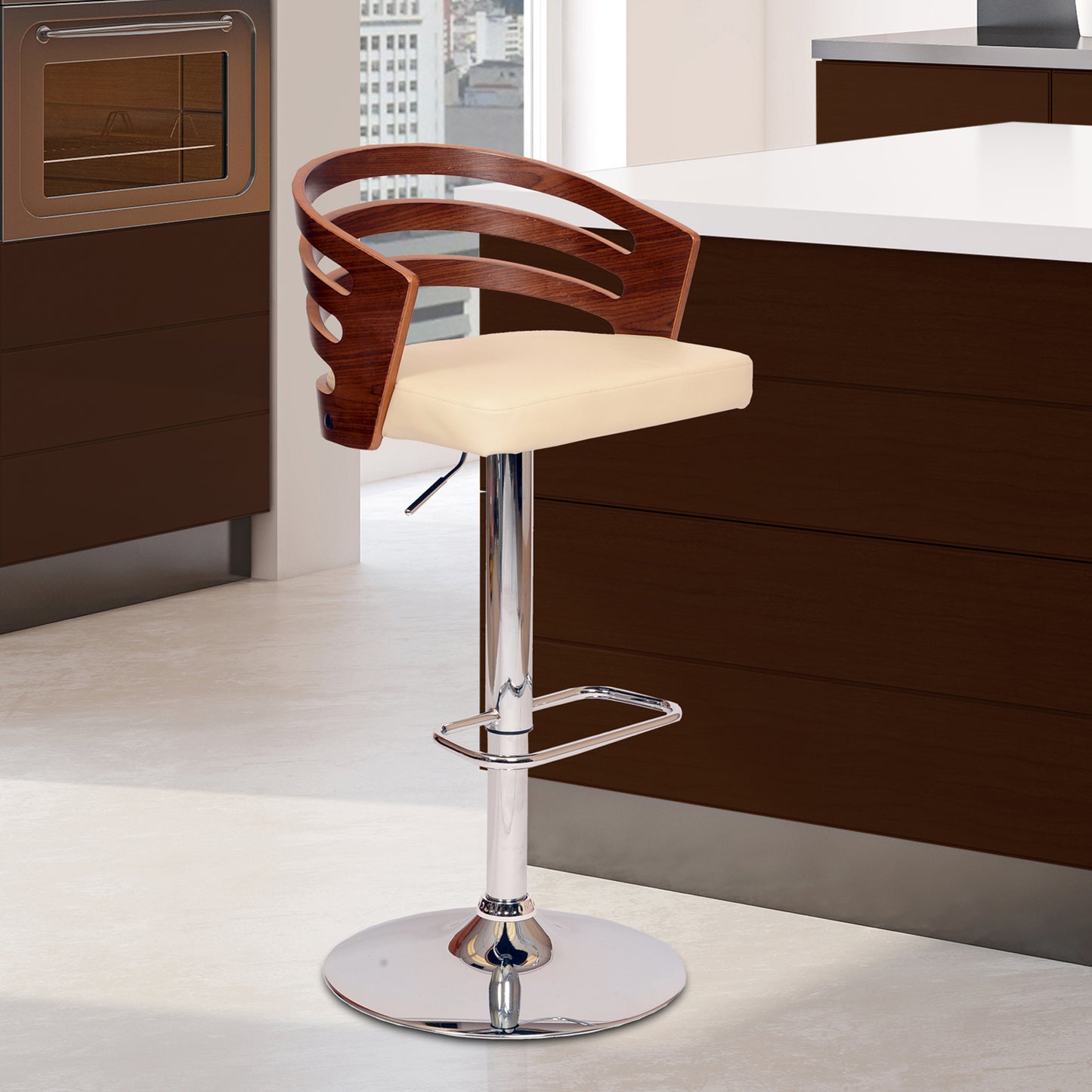 Adele Adjustable Height Swivel Cream Faux Leather and Walnut Wood Bar Stool